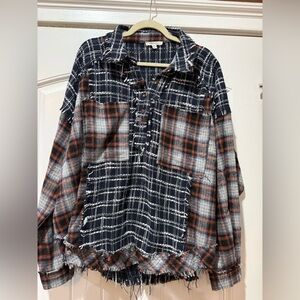 Oli & Hali Plaid Half Button-Down Shirt - Navy, Orange, White